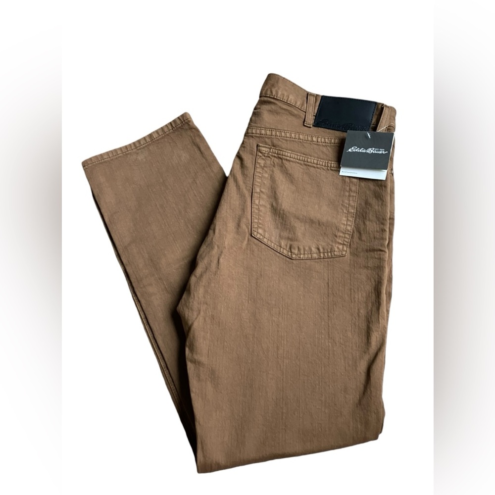 NWT EDDIE BAUER Mr Flex Supersoft Straight Slim Jeans Brown Hazelnut Men's 36x32